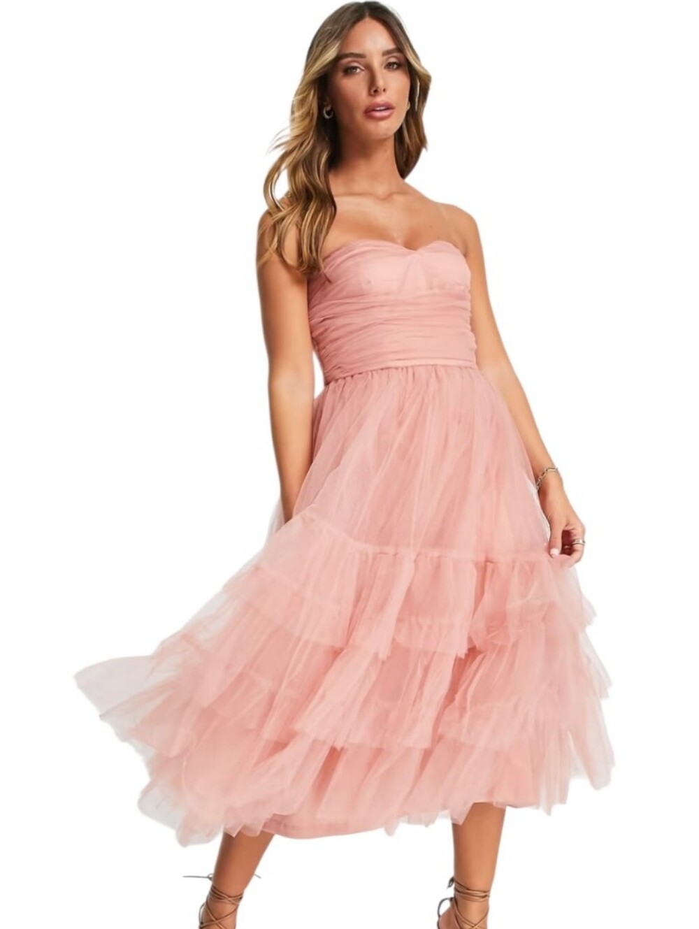 Lace & Beads Strapless Sweetheart Salmon Tulle Ruffle Tier Midi Cocktail Dress